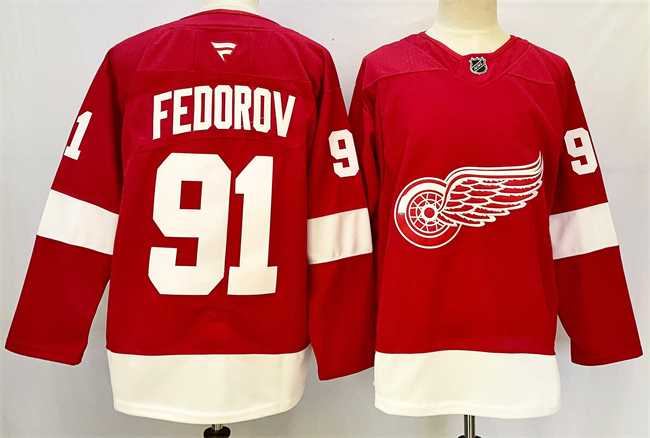 Mens Detroit Red Wings #91 Sergei Fedorov Red 2024-25 Home Stitched Jersey